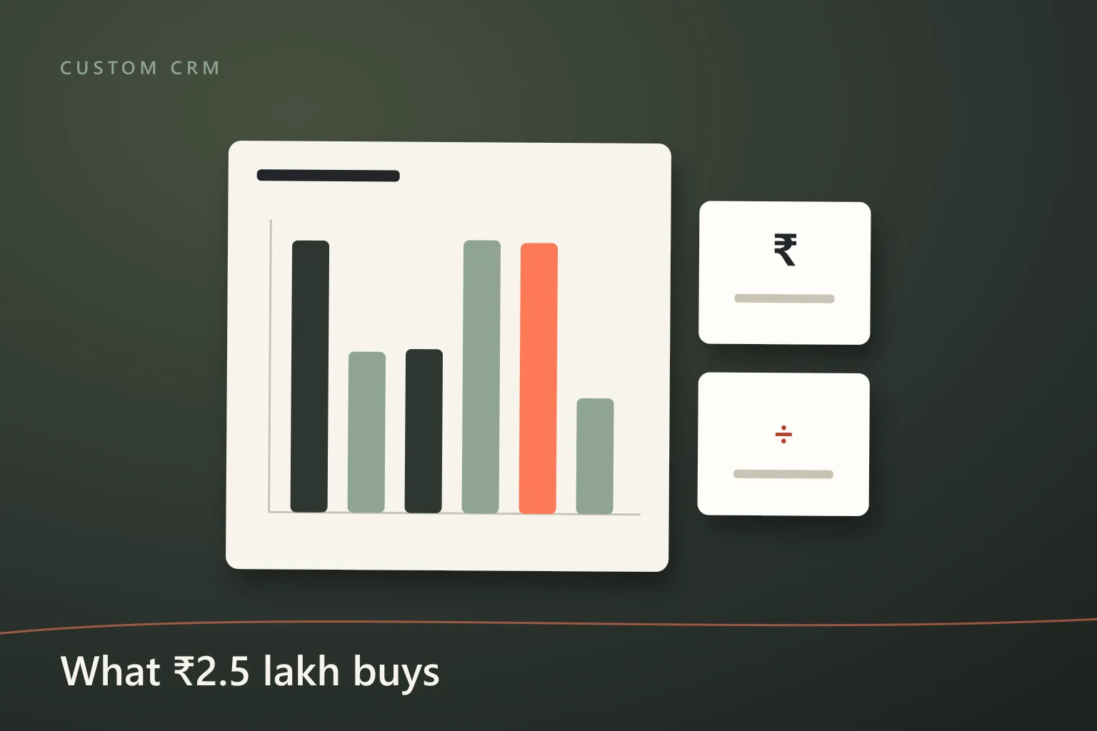 Illustration of a bar chart on a paper card with one bar highlighted in coral, beside small cards showing a rupee sign and a division sign