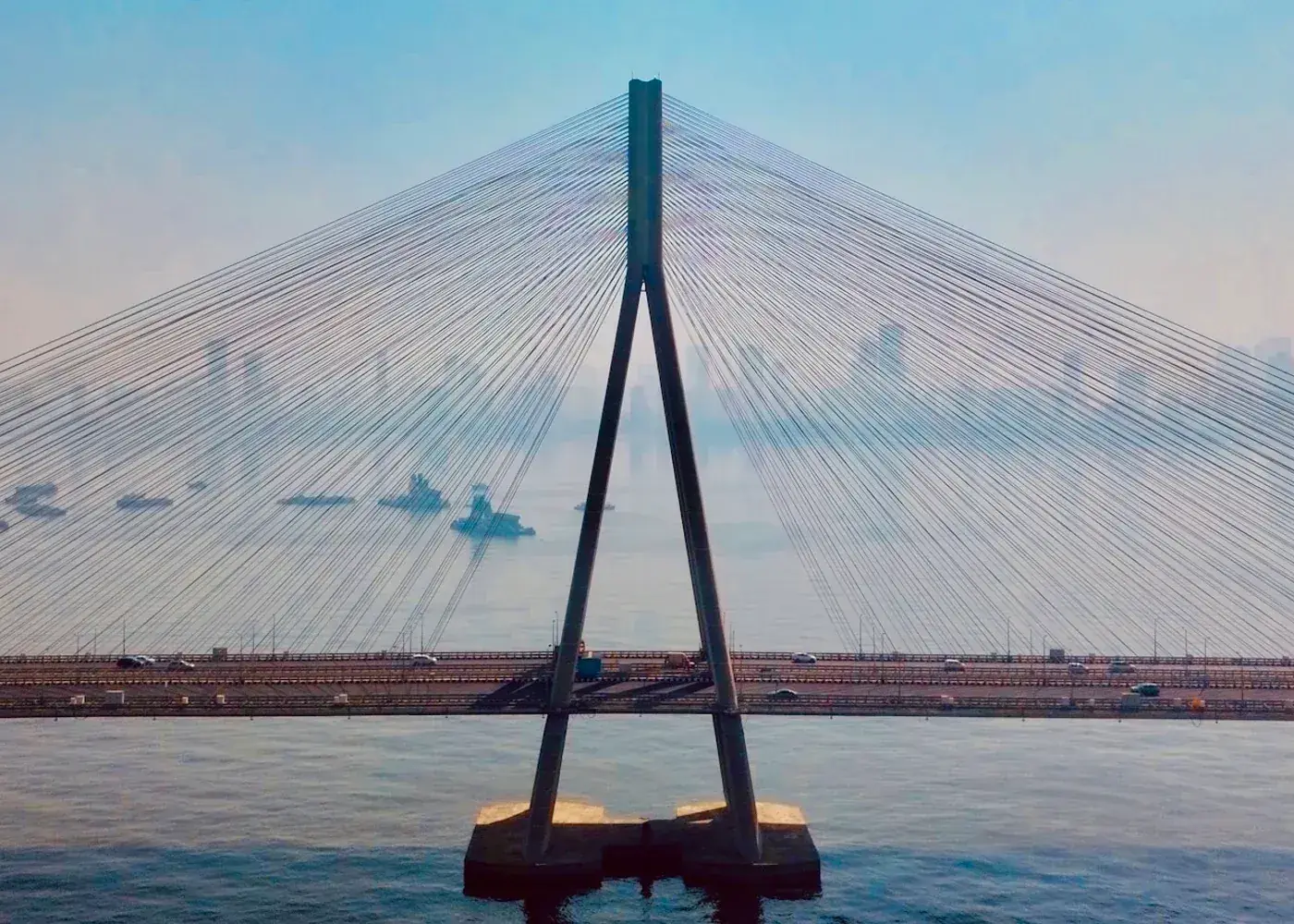 The Bandra–Worli Sea Link crossing Mumbai harbour at dusk