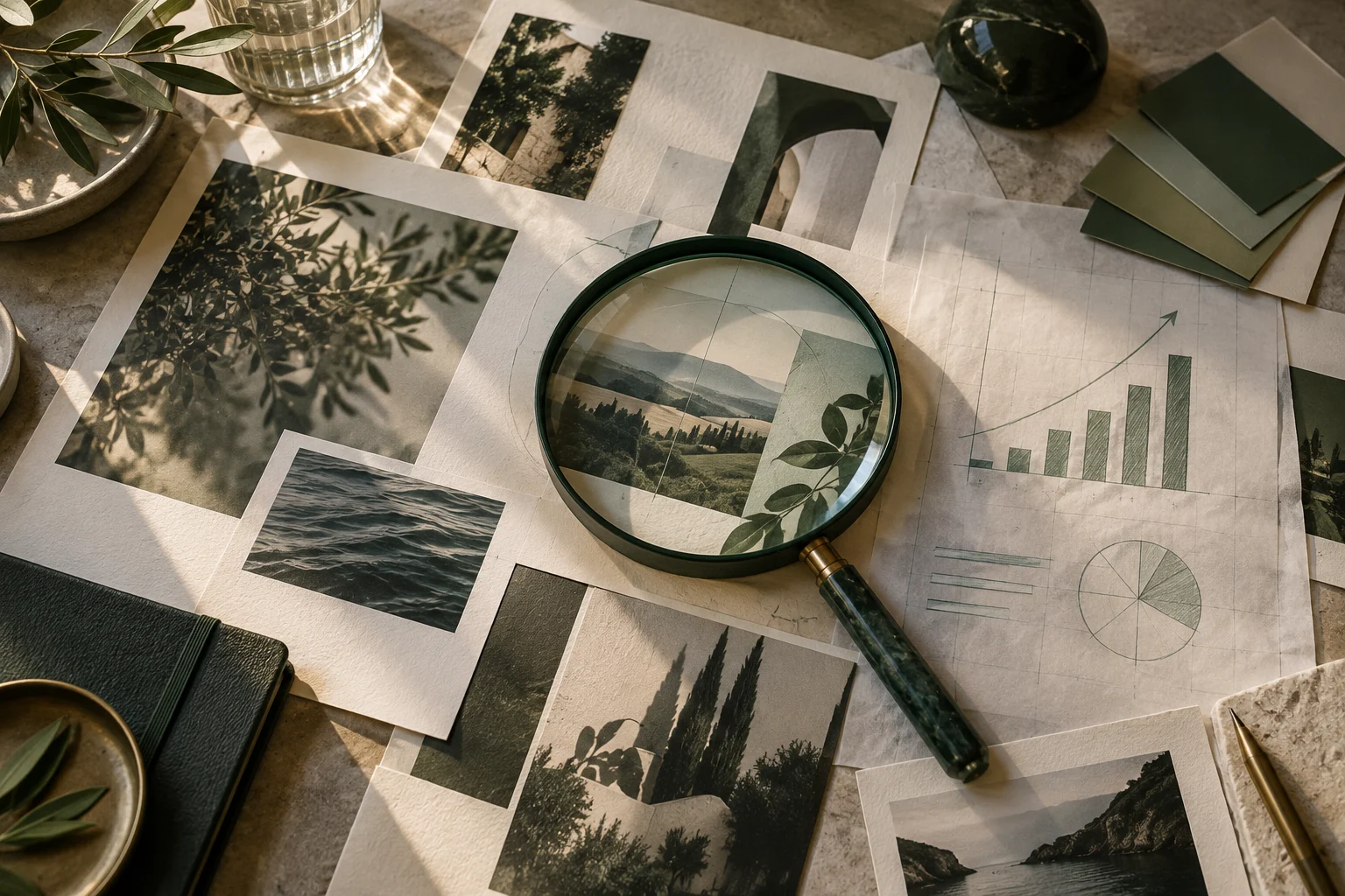 Campaign imagery and chart sketches beneath a green magnifying lens