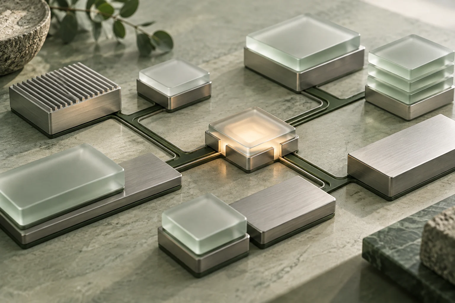 Connected frosted glass and metal modules representing a custom software system