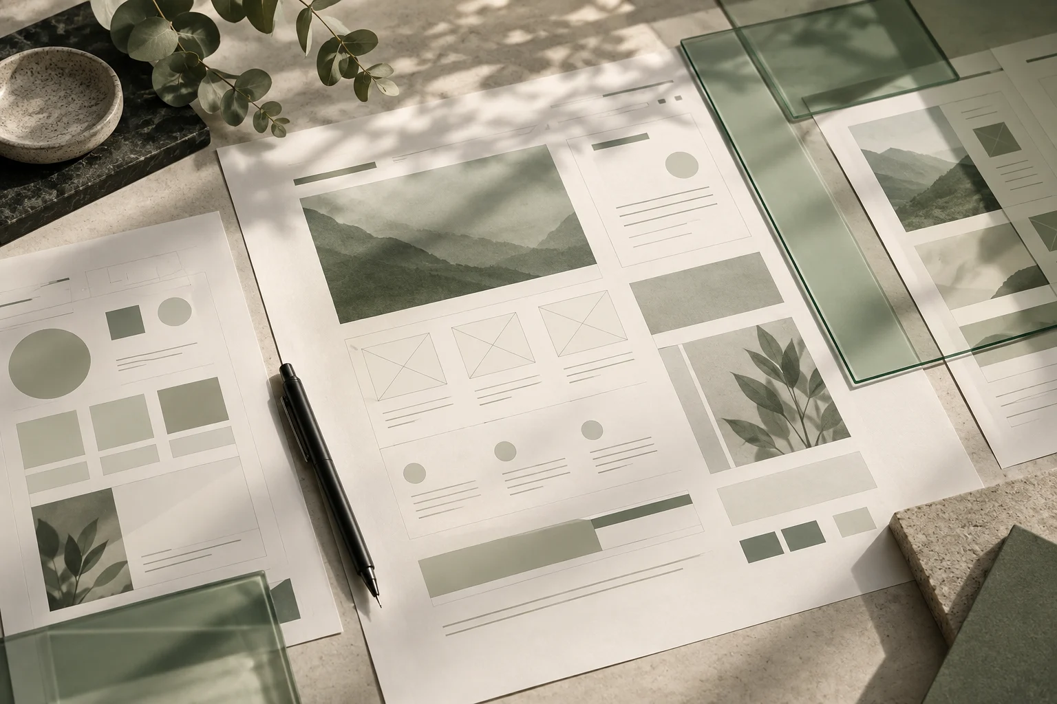 Printed interface wireframes layered with sage glass in a design studio