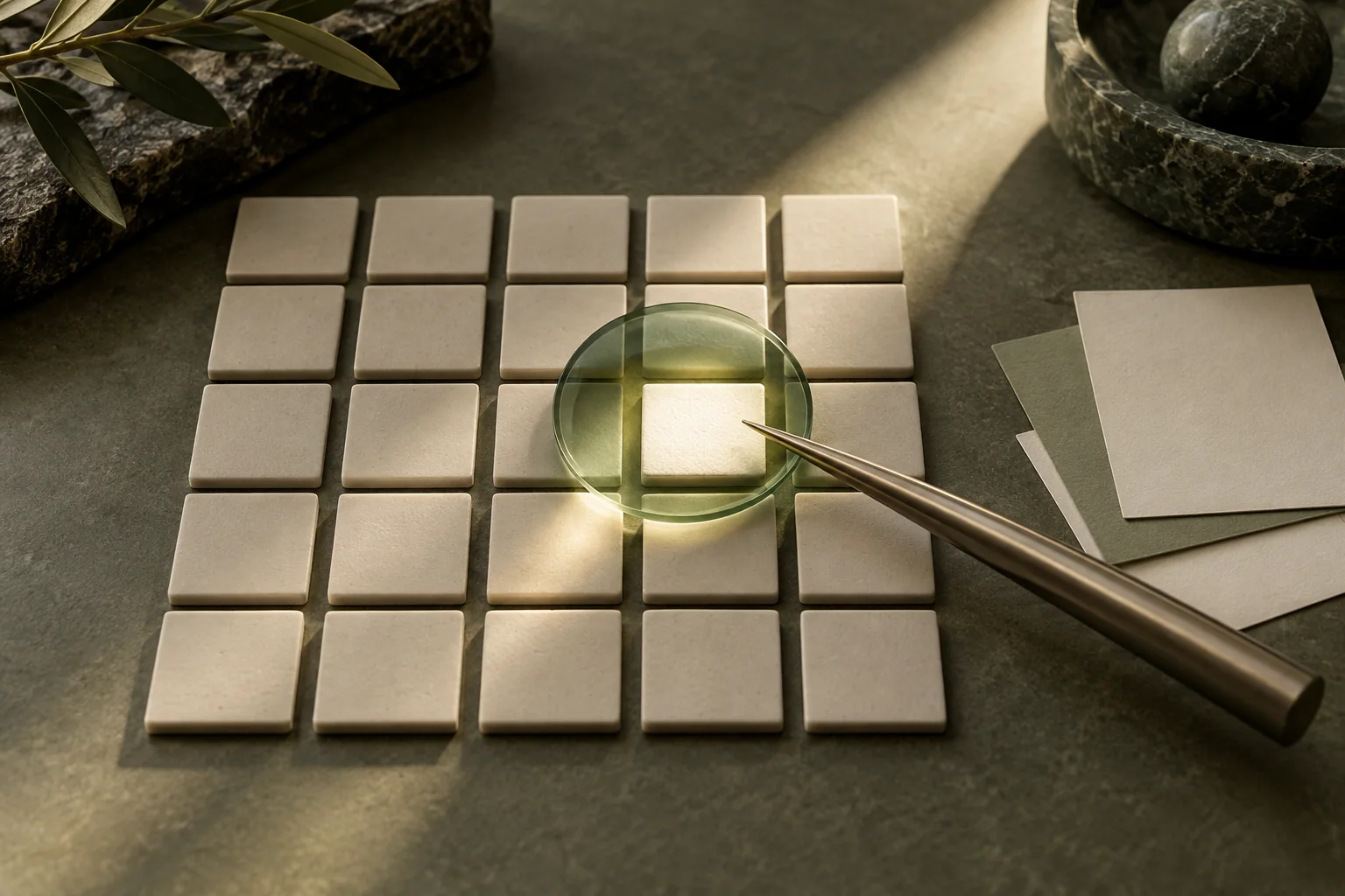 One illuminated tile selected from a grid beneath a glass lens