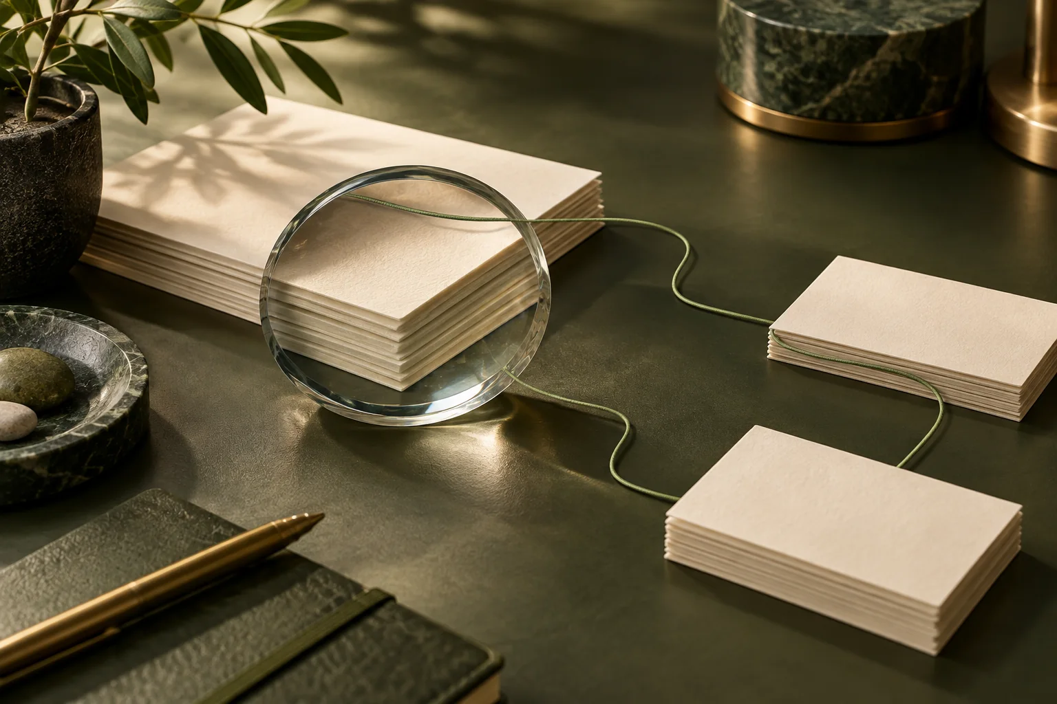 A clear optical lens reveals layers of paper connected by a green thread