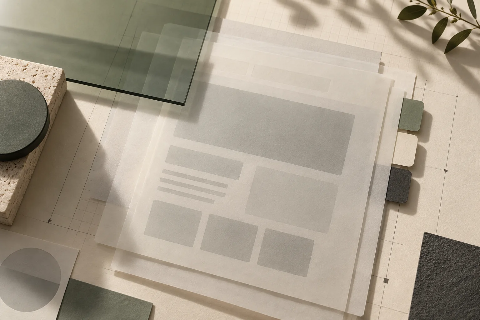 Layered translucent interface plans and material samples on a design table