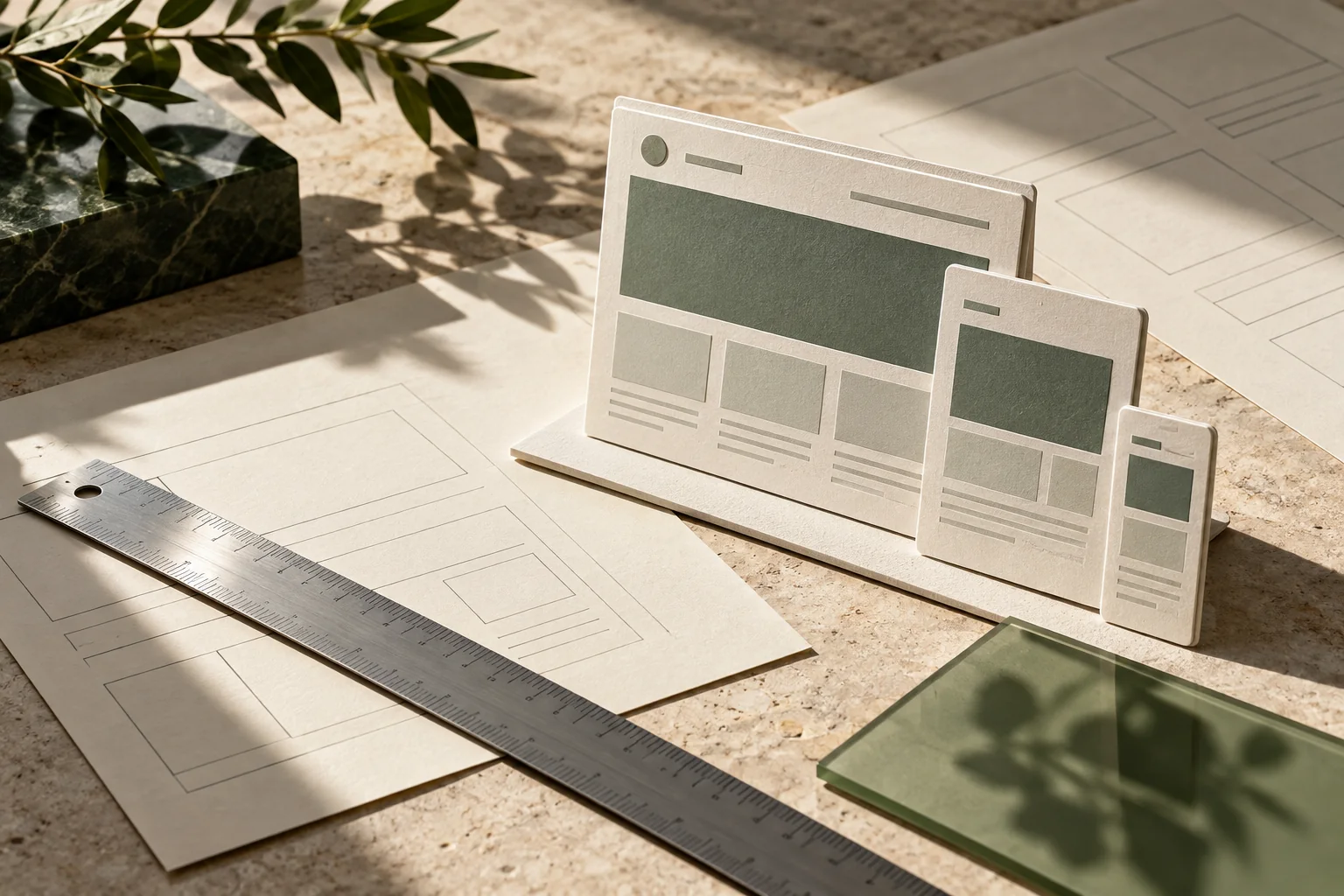 Paper models of desktop, tablet, and mobile page layouts beside design plans