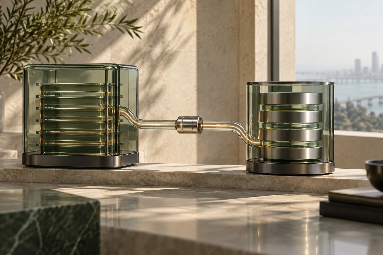 Two glass and metal systems joined by a precise connecting bridge