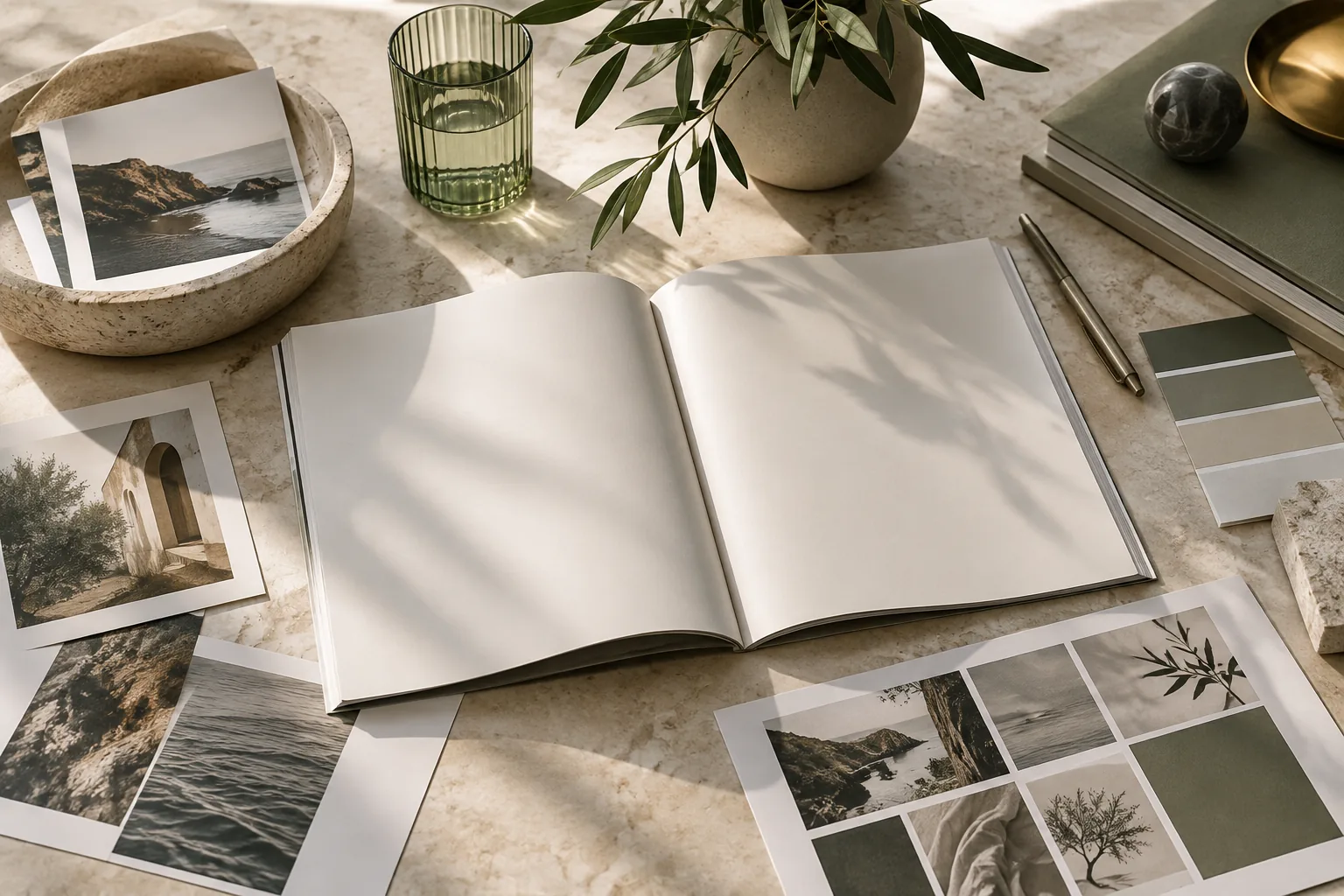 Blank editorial proofs and image cards arranged as a content plan