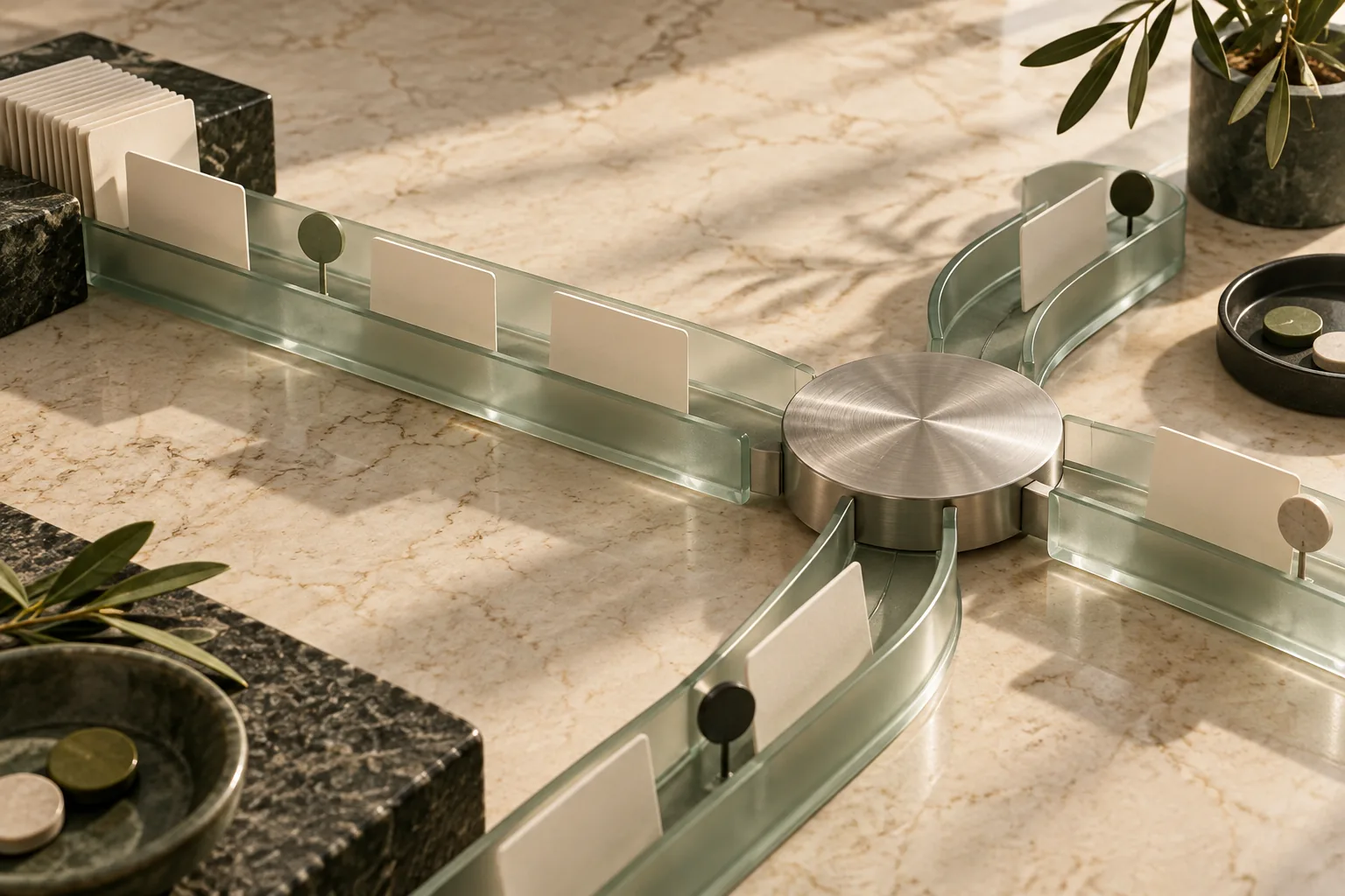 Conceptual customer cards moving through connected glass channels