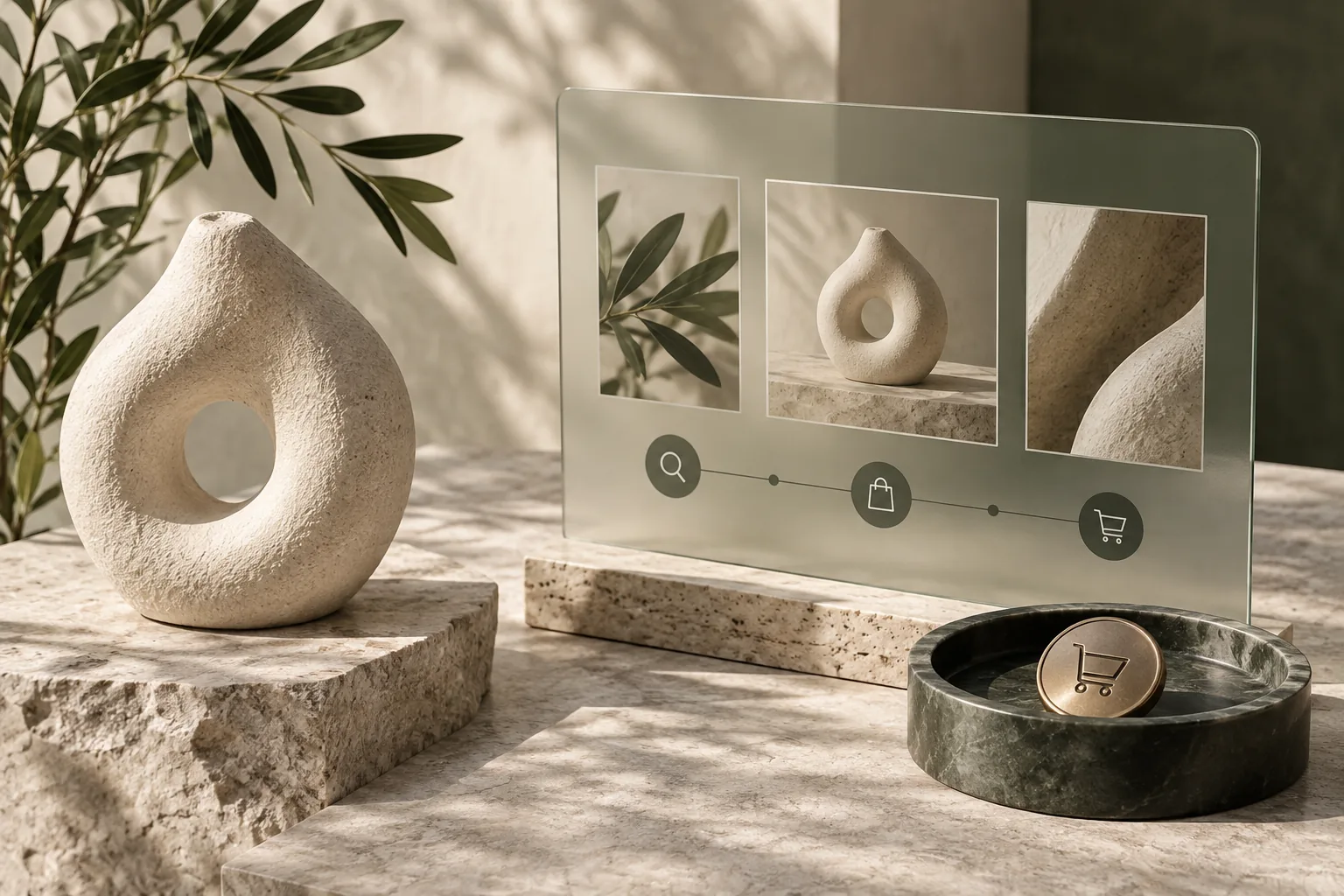Sculptural product display with a glass storefront frame and checkout token