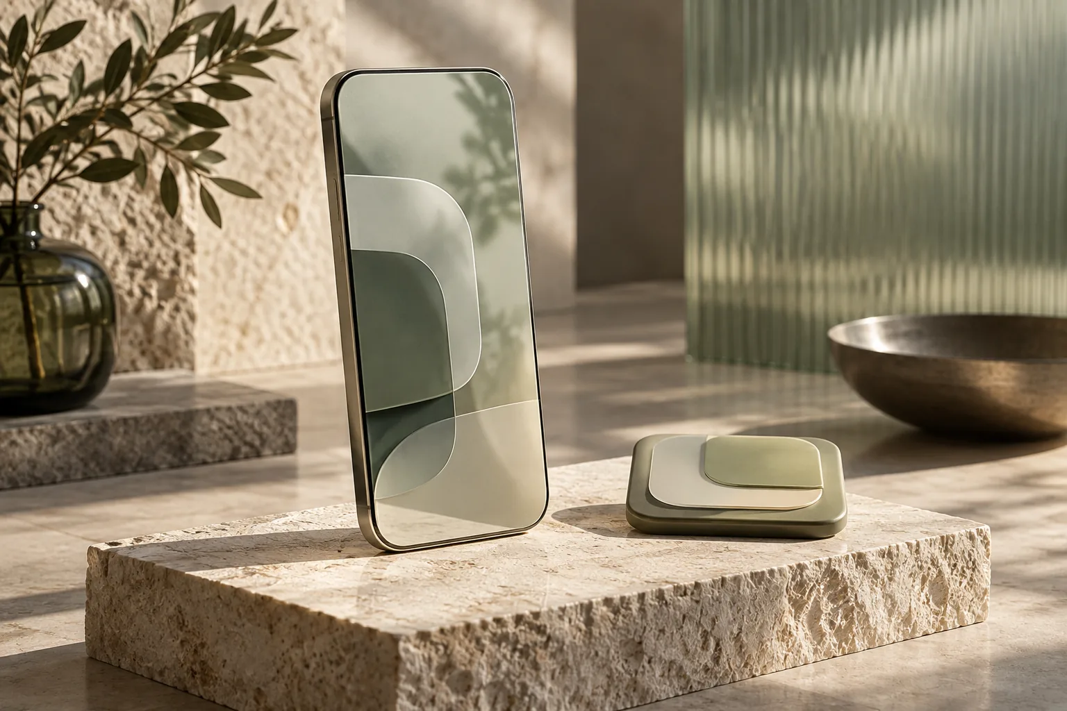 Unbranded phone prototype on a stone plinth with layered interaction forms