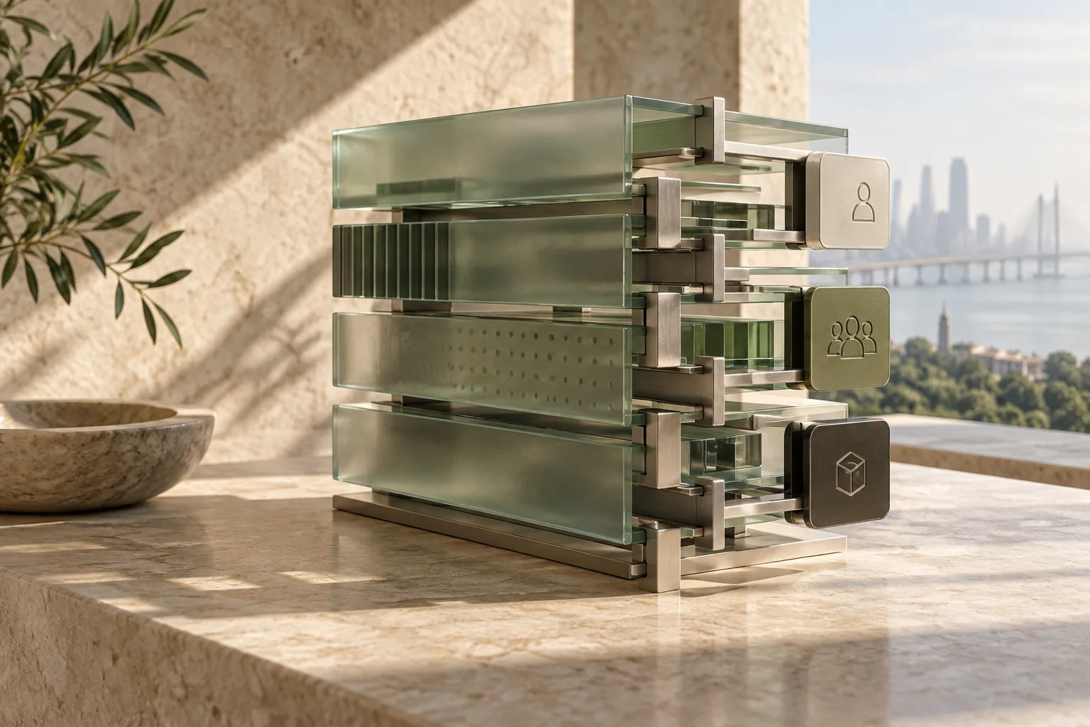 Modular glass and metal panels representing a scalable SaaS product