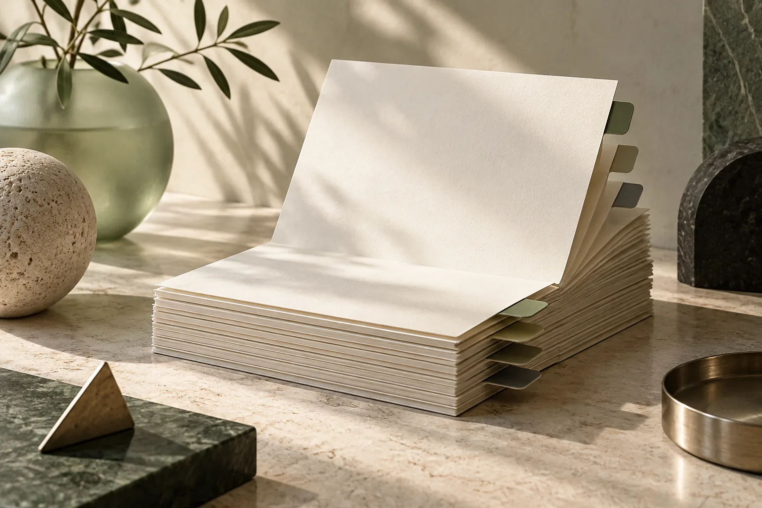Indexed blank pages with one page surfaced into natural light