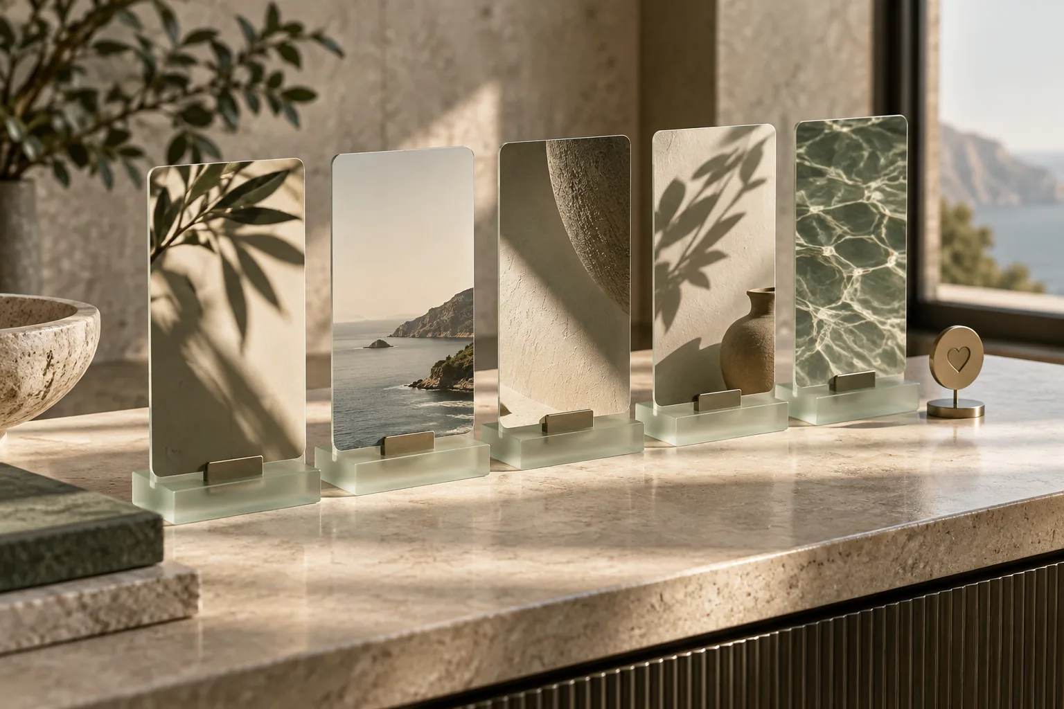 Coordinated blank portrait content cards on frosted glass stands