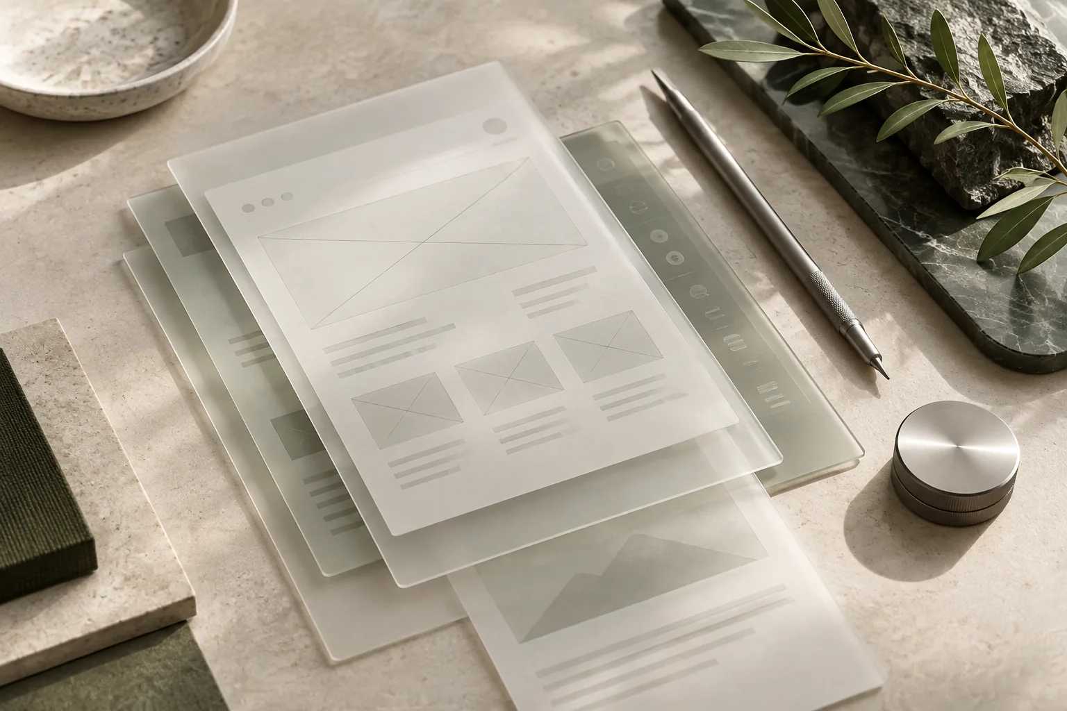 Blank wireframe cards and alignment tools arranged for interface design