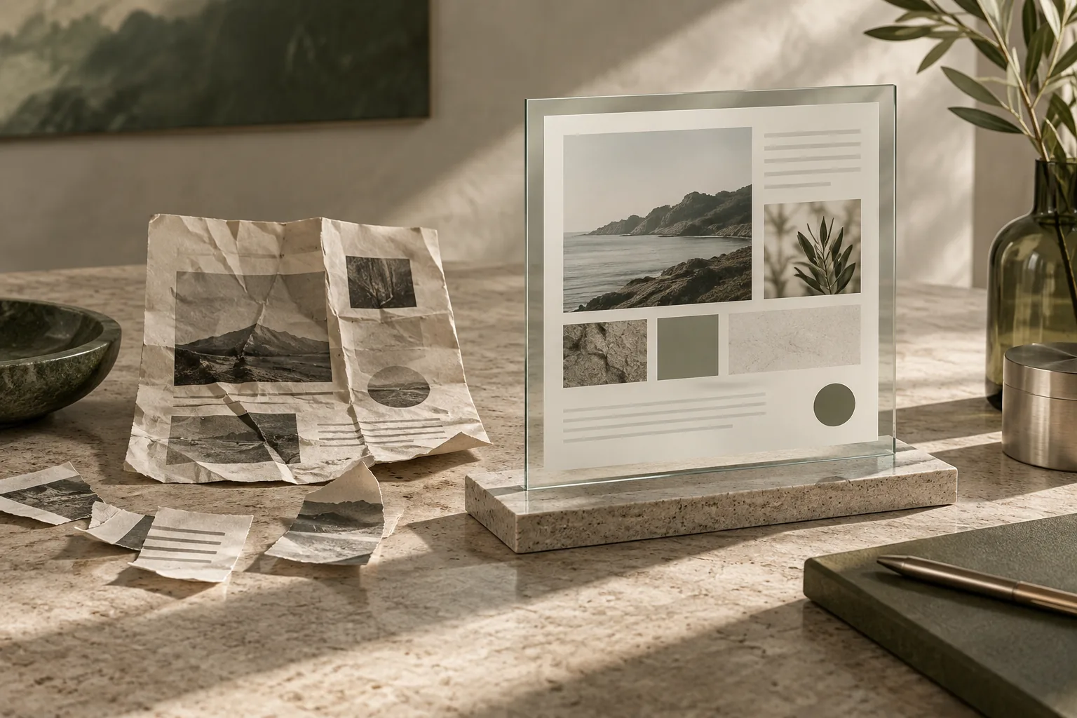 Paper and glass page layouts representing a website redesign